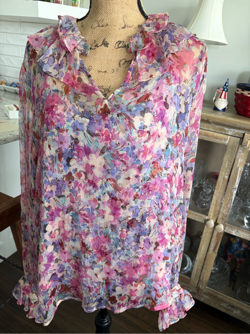 Johnny Was Jade Cora Pink Multi Floral Ruffle V-Neck Blouse